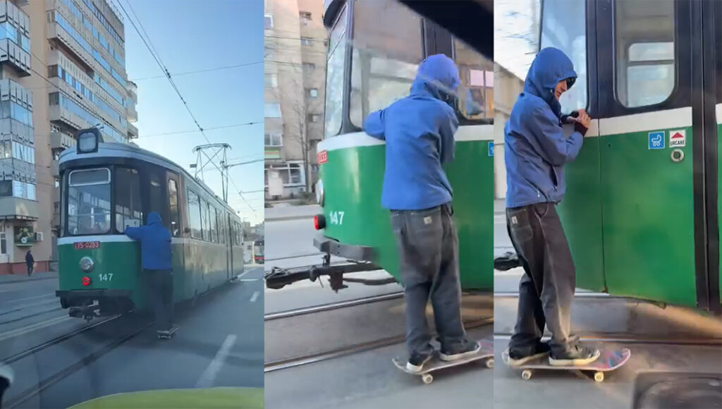 imagini-incredibile-in-iasi!-un-tanar-pe-skateboard-s-a-agatat-de-un-tramvai-in-mers,-in-piata-unirii