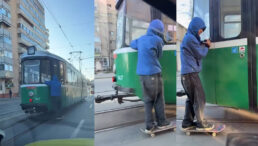 imagini-incredibile-in-iasi!-un-tanar-pe-skateboard-s-a-agatat-de-un-tramvai-in-mers,-in-piata-unirii