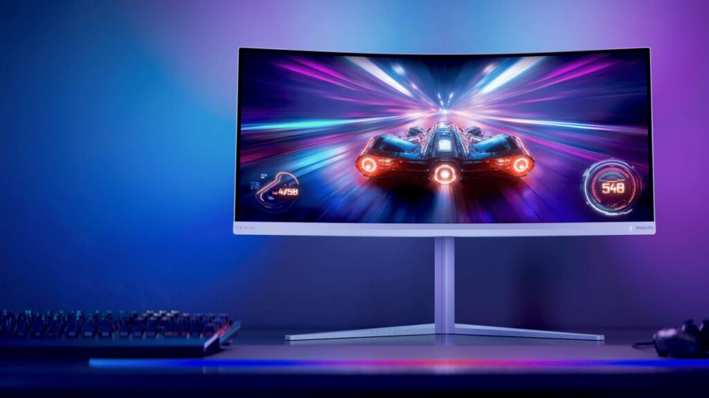 monitorul-curbat-philips-evnia-34m2c5601qa-ofera-o-experienta-de-gaming-captivanta-in-format-ultrawide,-la-200-hz,-cu-ambiglow-imbunatatit-de-ai-si-conectivitate-usb-c
